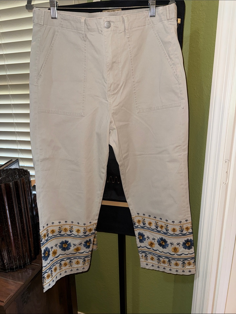 DRIFTWOOD Beige Cropped Chinos with Blue & Gold Embroidered Cuff